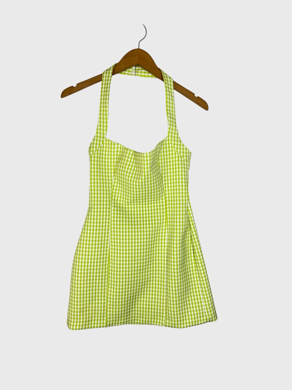 Zara Womens Lime Green Gingham Check Halter Mini Dress Small Picnic Date Chic